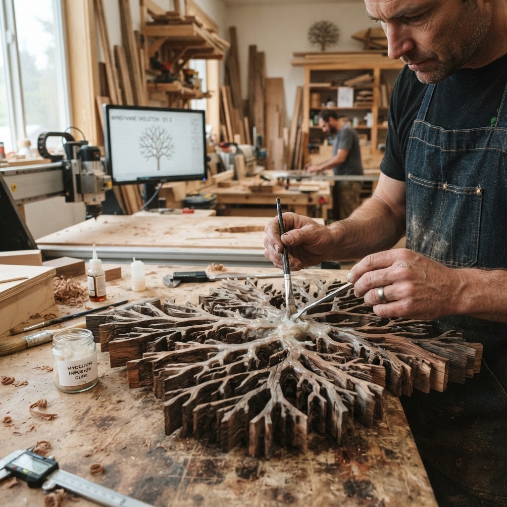 Bespoke Treetop Dendritic Mycelium-Infused Phyto-Luminescent Pollen-Tracing Wind-Vane — step 1