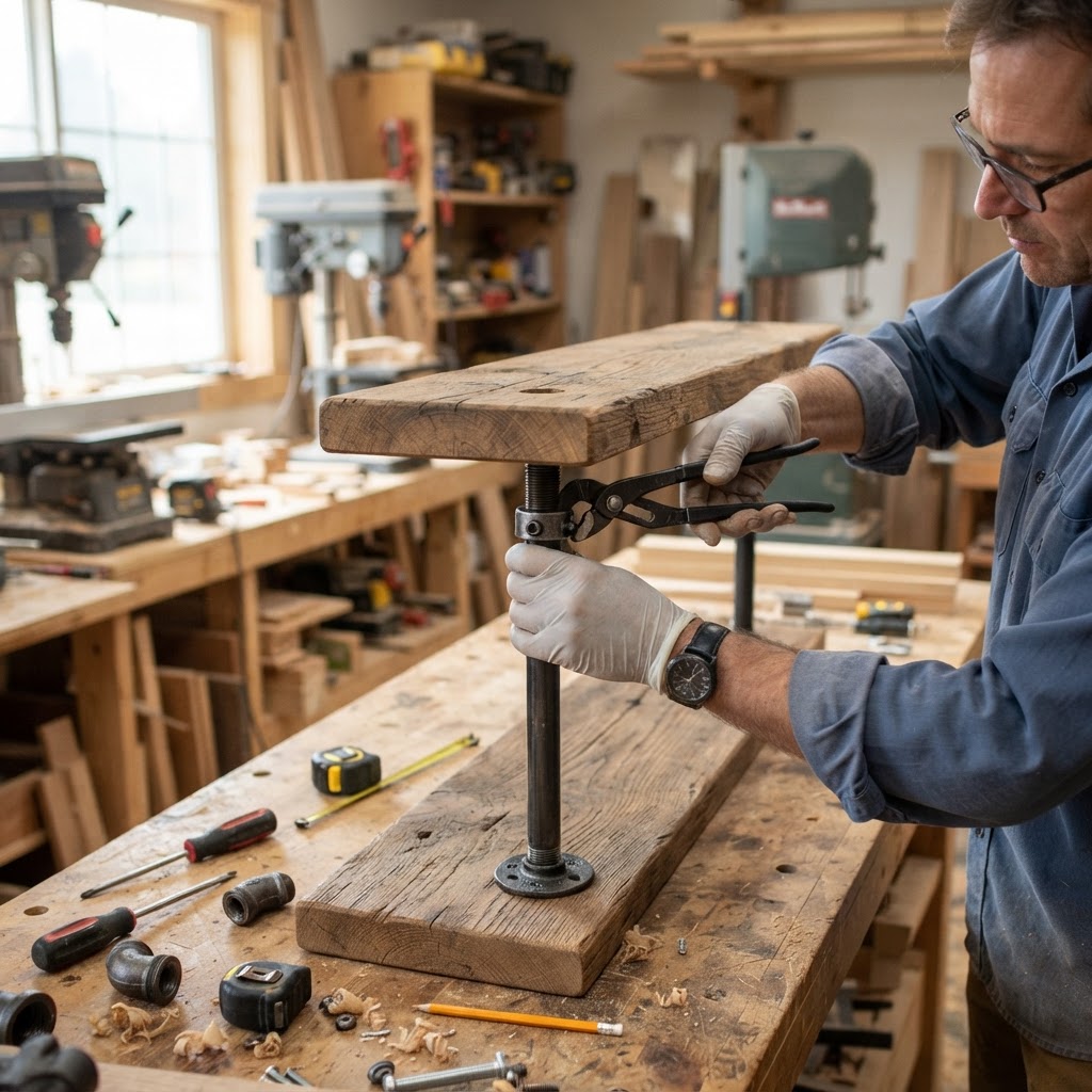 Industrial Pipe and Reclaimed Oak Floating Wine Rack — step 5