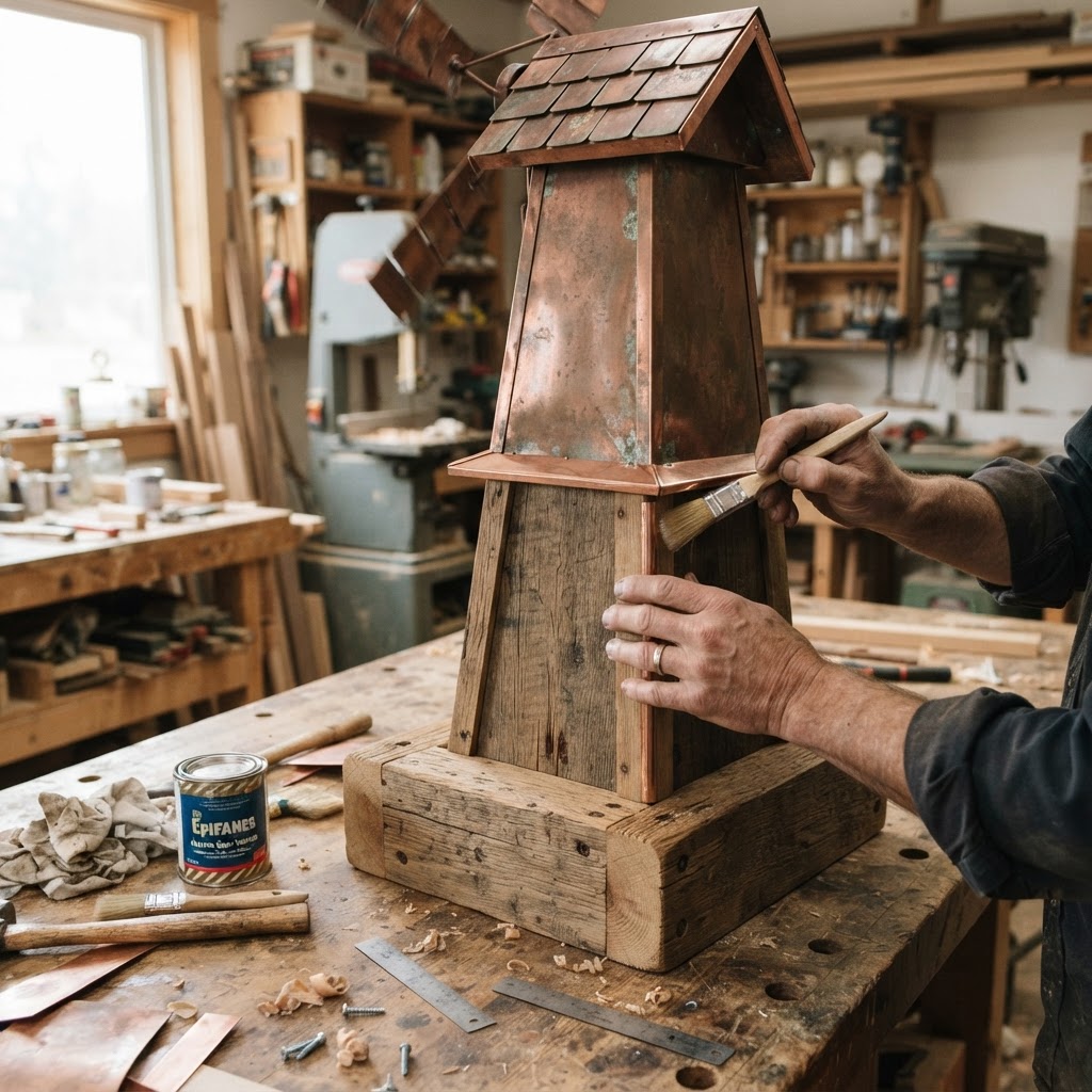 Vintage Patinated Copper Kinetic Windmill Seed Mill — step 4