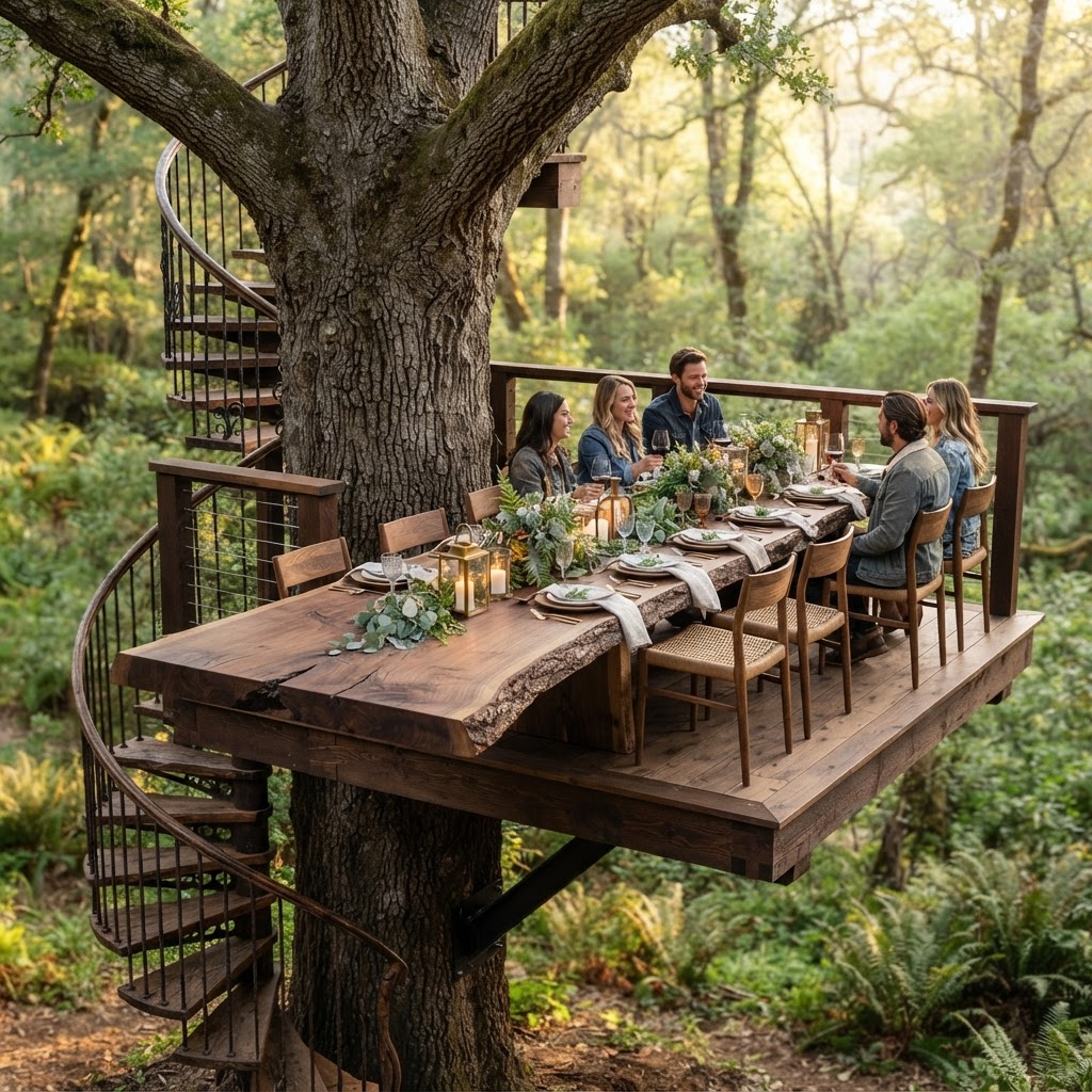 Floating Live-Edge Harvest Dining Platform