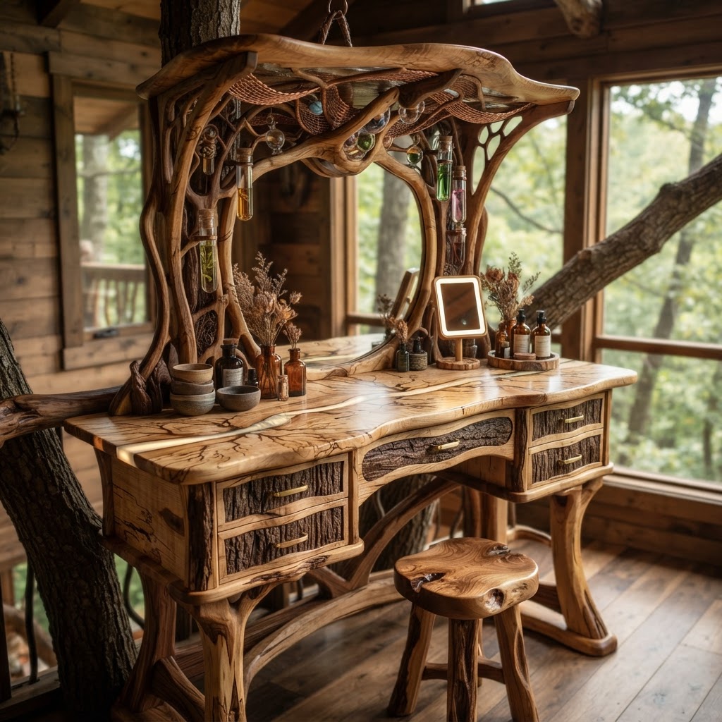 Bespoke Treetop Dendritic Mycelium-Infused Phyto-Diffusive Sap-Flow Canopy Zephyr-Alignment Vanity Table