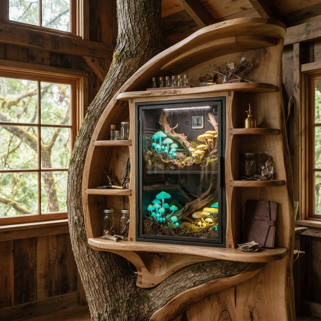 Bespoke Treetop Dendritic Mycelium-Infused Phyto-Tropic Bioluminescent Spore-Garden Alcove
