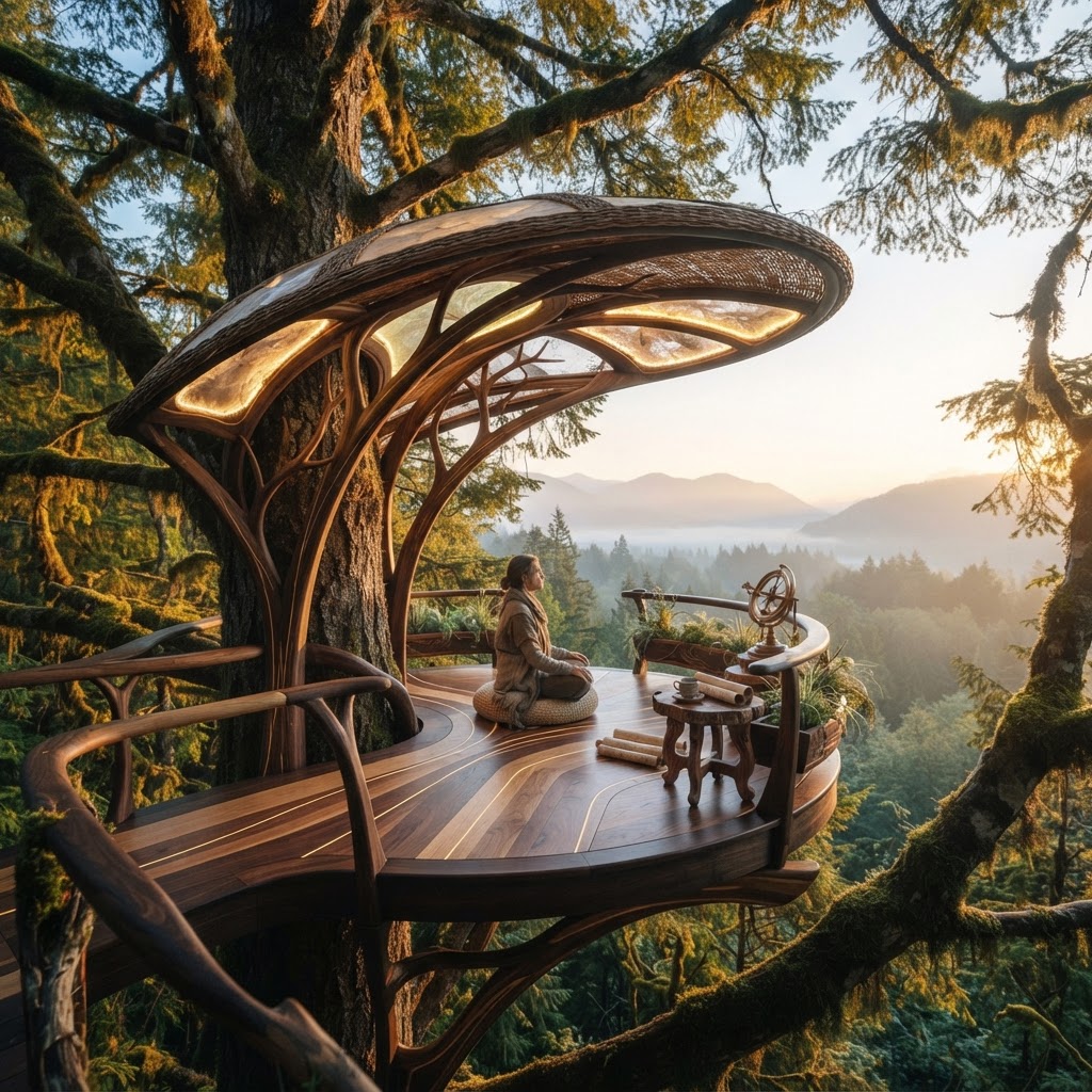 Bespoke Treetop Dendritic Mycelium-Infused Phyto-Atmospheric Sap-Flow Canopy Radiance-Mapping Meditation Plinth