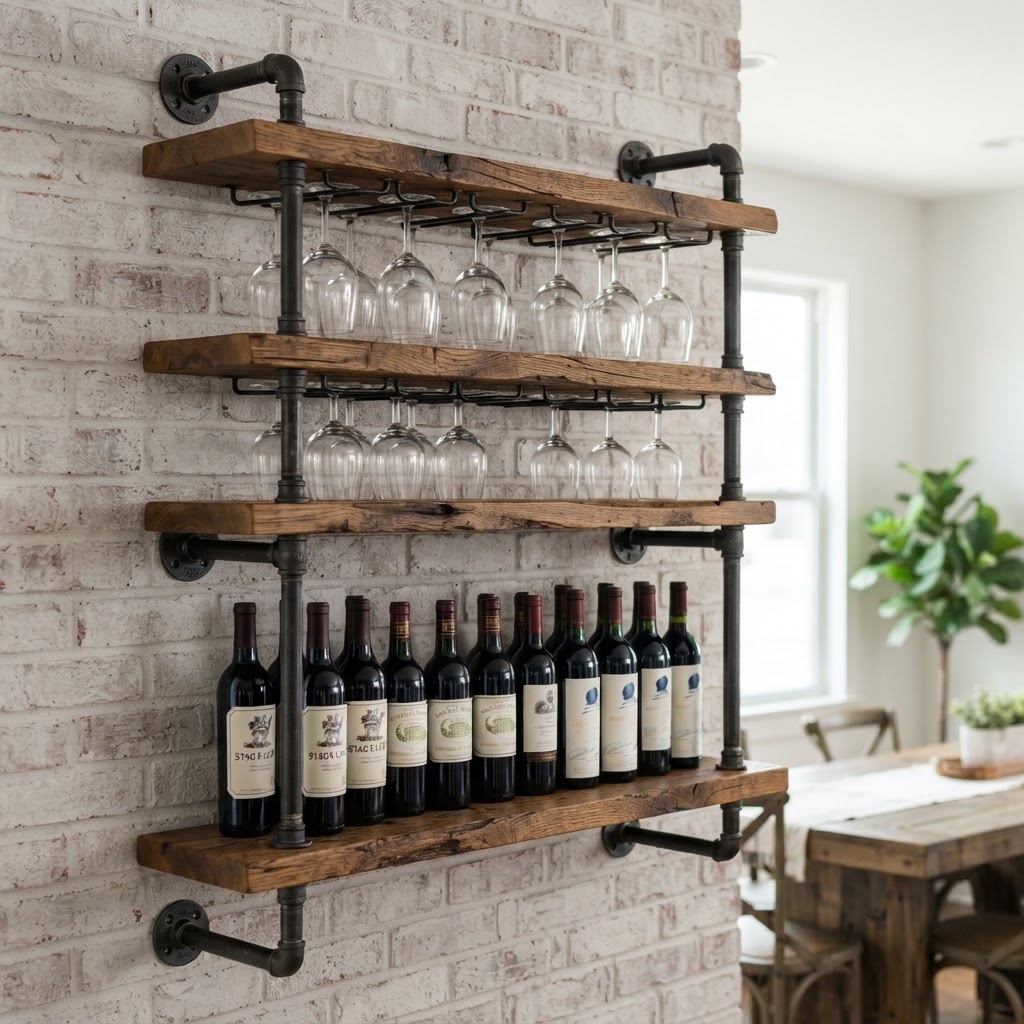 Industrial Pipe and Reclaimed Oak Floating Wine Rack