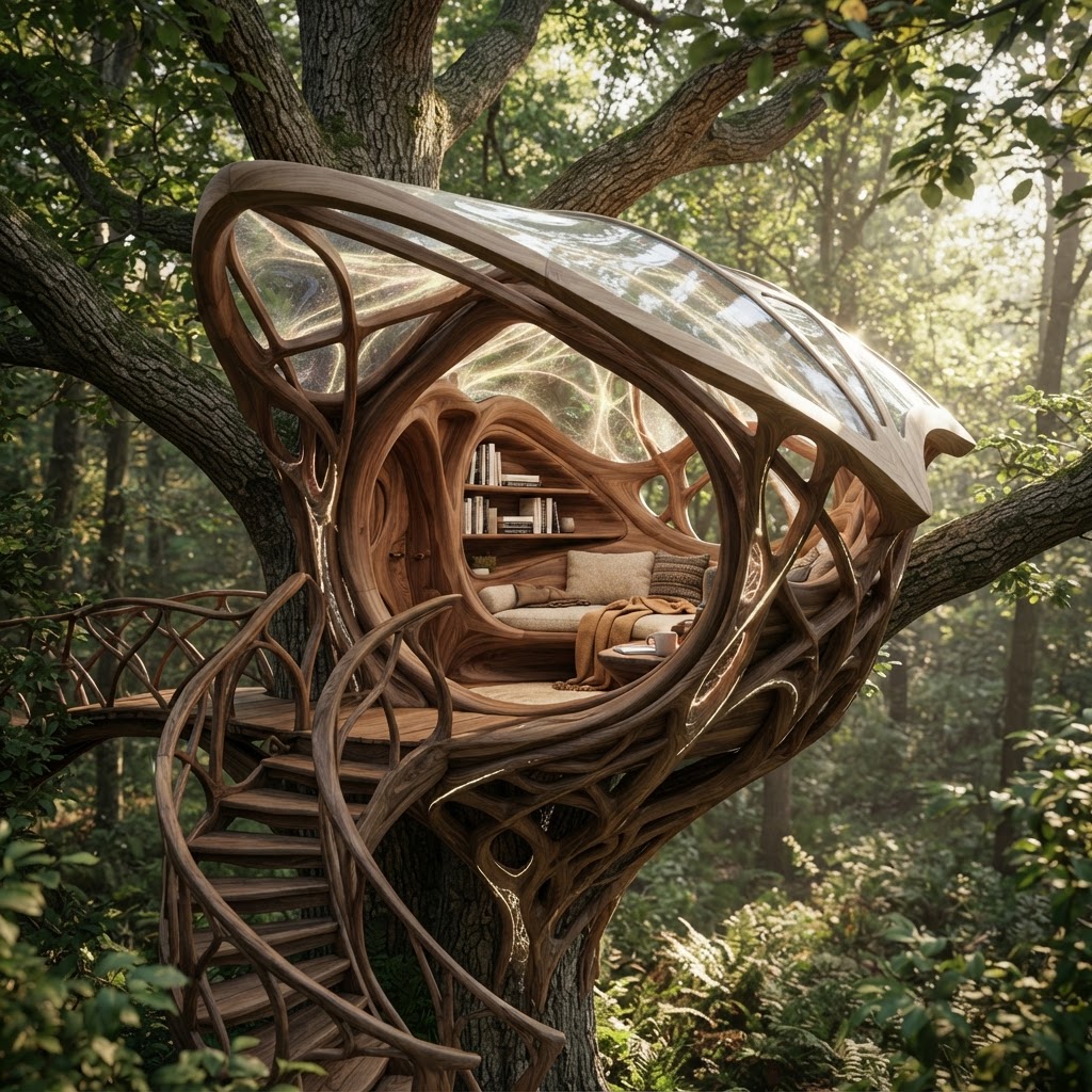 Bespoke Treetop Dendritic Mycelium-Infused Phyto-Kinetic Sap-Flow Canopy Aurora-Mapping Reading Nook