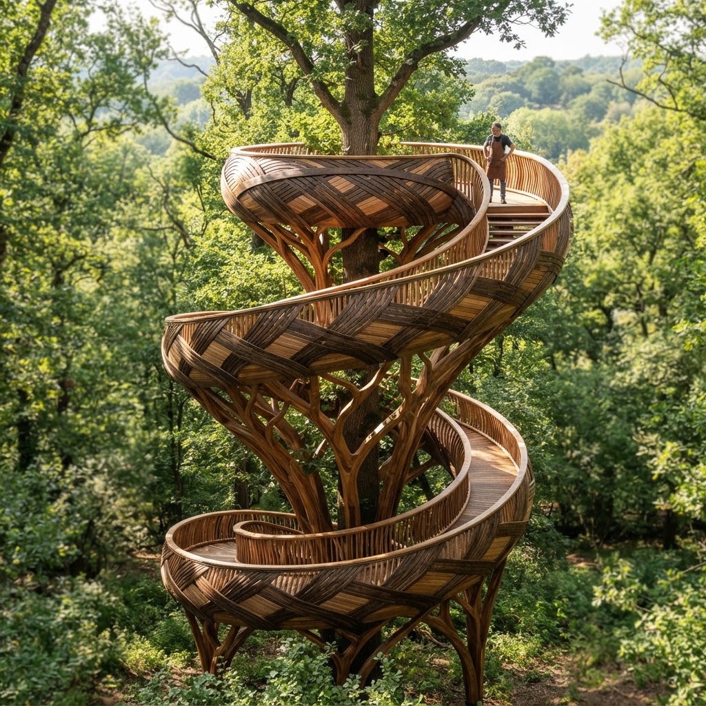 Bespoke Treetop Dendritic Mycelium-Infused Phyllotaxis Spiral Observatory
