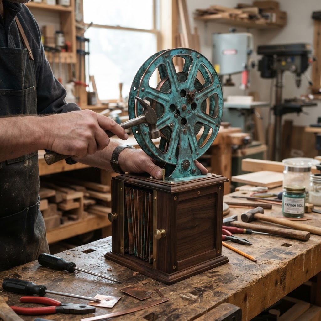 Vintage Patinated Copper Accordion Film Projector Seed Feeder — step 2