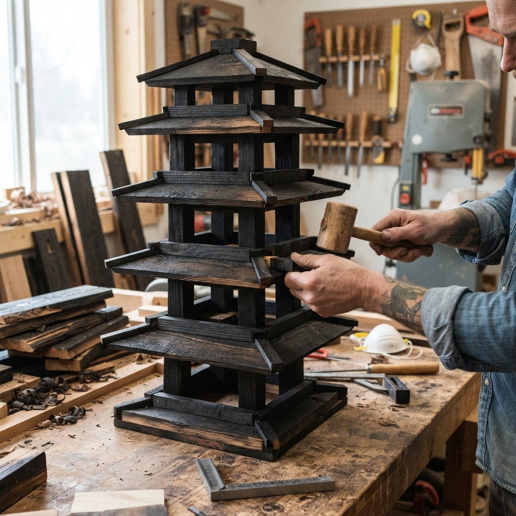 Wabi-Sabi Charred Shou Sugi Ban Pagoda Feeder — step 2