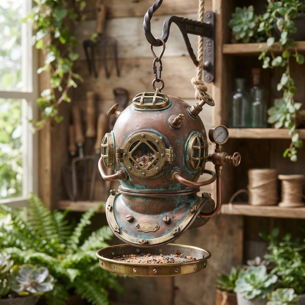 Vintage Patinated Copper Victorian Diving Helmet Seed Resonator