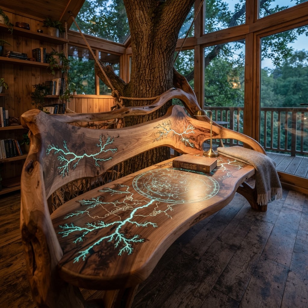 Bespoke Treetop Dendritic Mycelium-Infused Phyto-Refractive Sap-Flow Canopy Bioluminescent Star-Charting Reading Bench