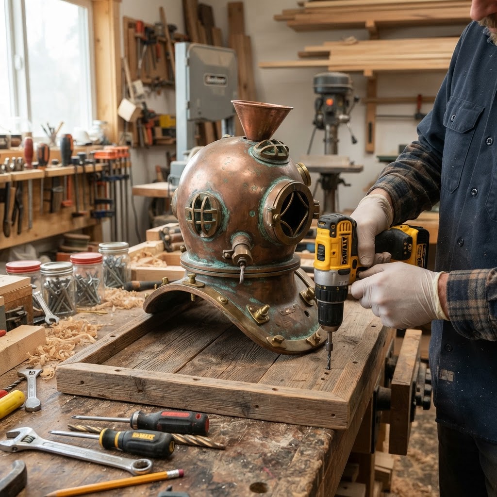 Vintage Patinated Copper Diving Helmet Seed Chamber — step 4