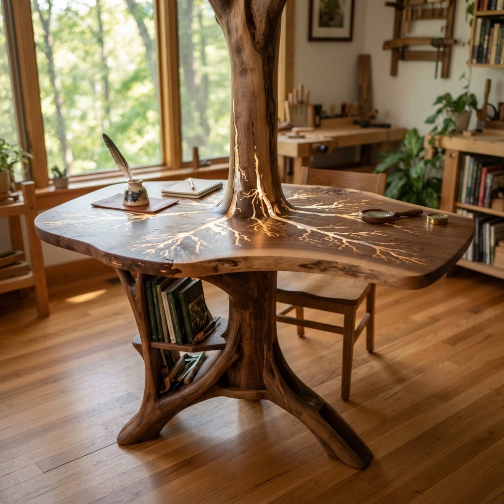 Bespoke Treetop Dendritic Mycelium-Infused Phyto-Refractive Sap-Flow Canopy Sun-Dial Writing Desk