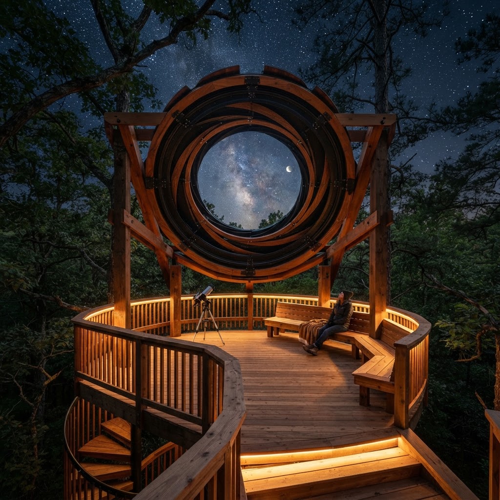 Telescoping Iris-Aperture Treetop Stargazing Deck