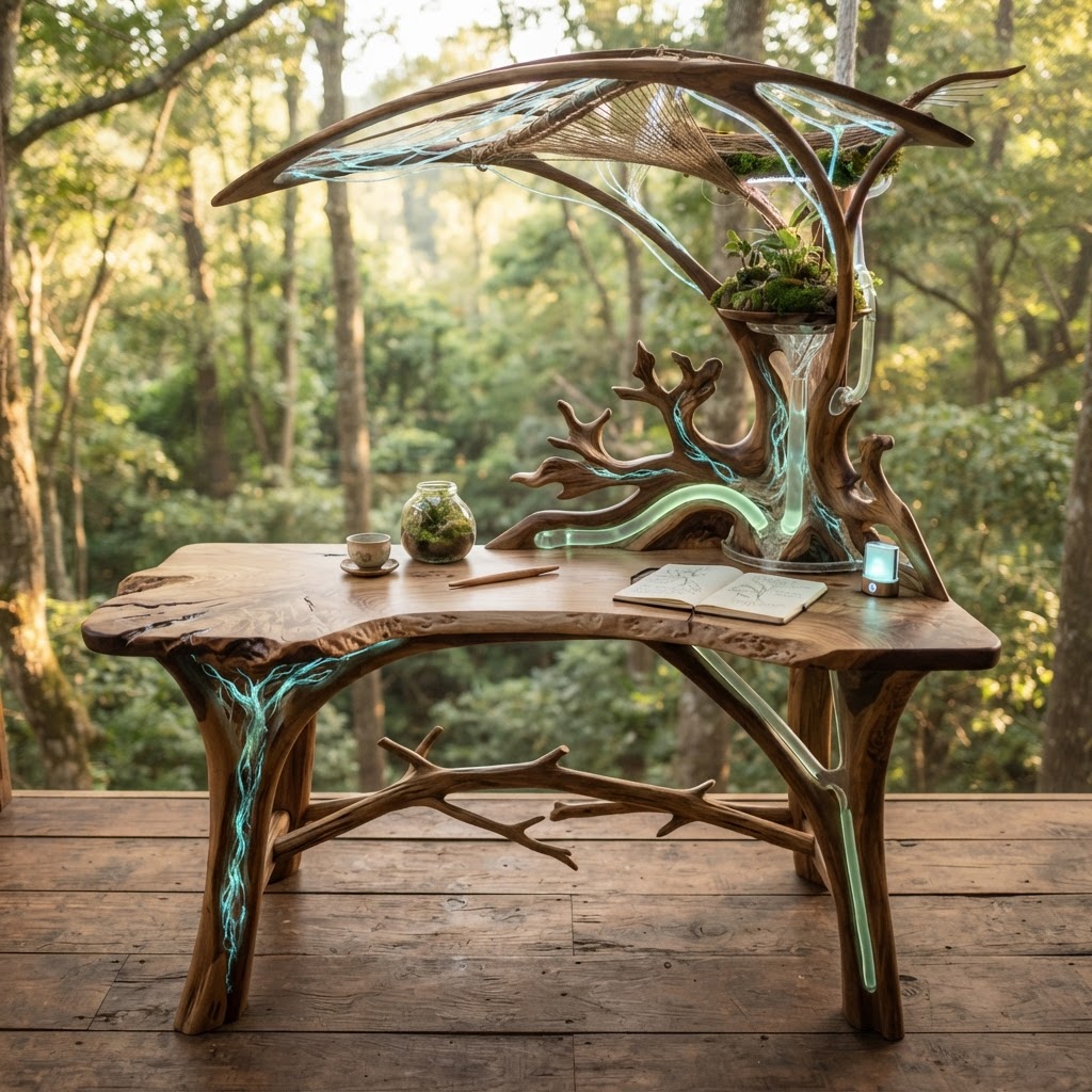 Bespoke Treetop Dendritic Mycelium-Infused Phyto-Ionic Sap-Flow Canopy Zephyr-Vane Meditation Desk