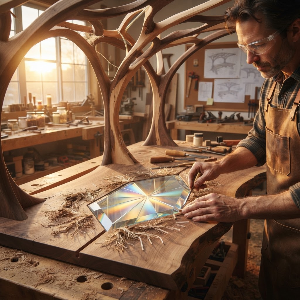Bespoke Treetop Dendritic Mycelium-Infused Phyto-Refractive Sap-Flow Canopy Zephyr-Orrery Writing Desk — step 3