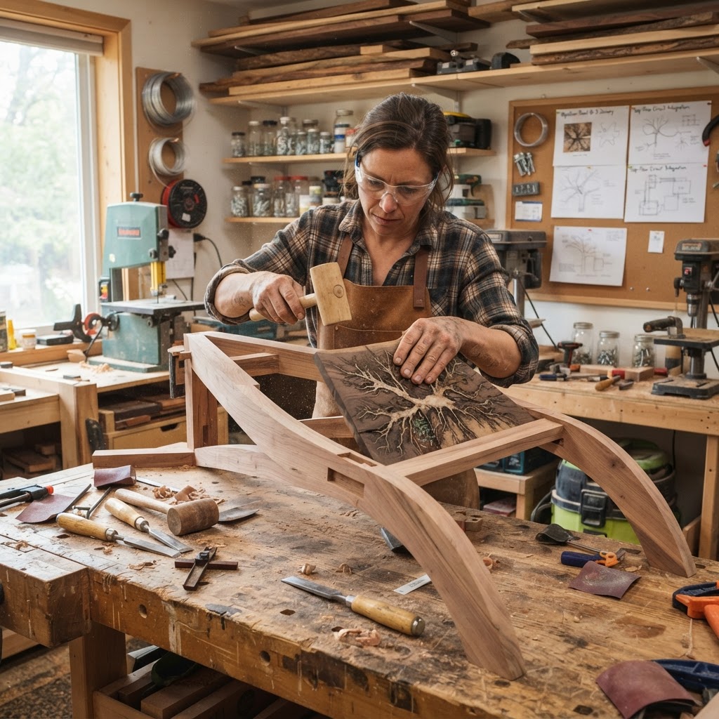 Bespoke Treetop Dendritic Mycelium-Infused Phyto-Luminous Sap-Flow Canopy Aurora-Vane Writing Bureau — step 1