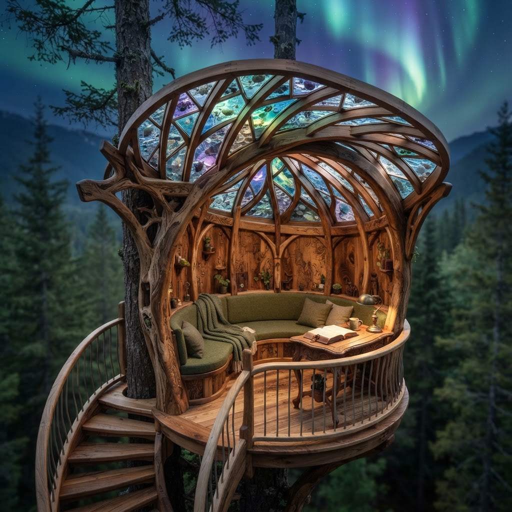 Bespoke Treetop Dendritic Mycelium-Infused Phyto-Refractive Sap-Flow Canopy Aurora-Mapping Reading Nook