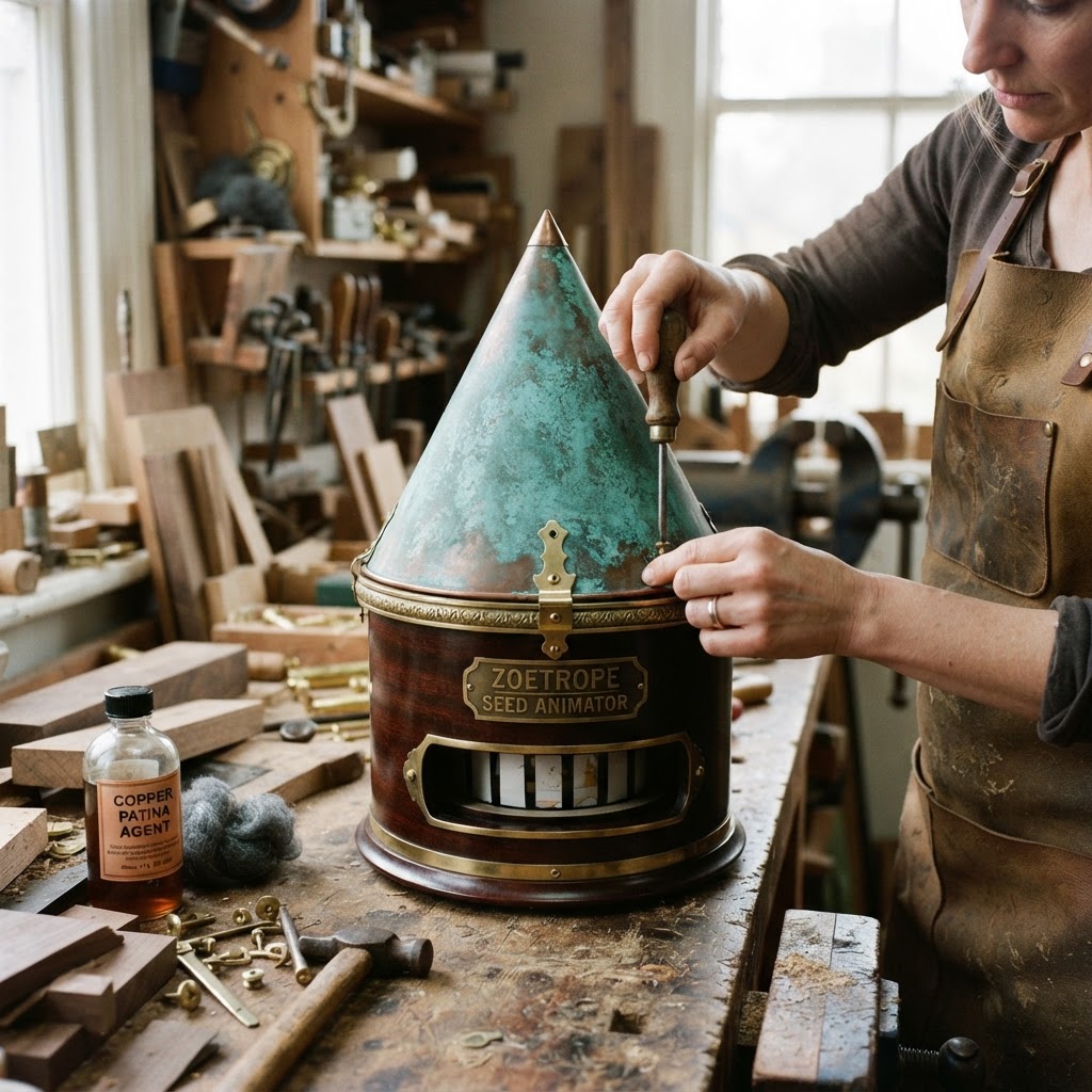Vintage Patinated Copper Victorian Zoetrope Seed Animator — step 3
