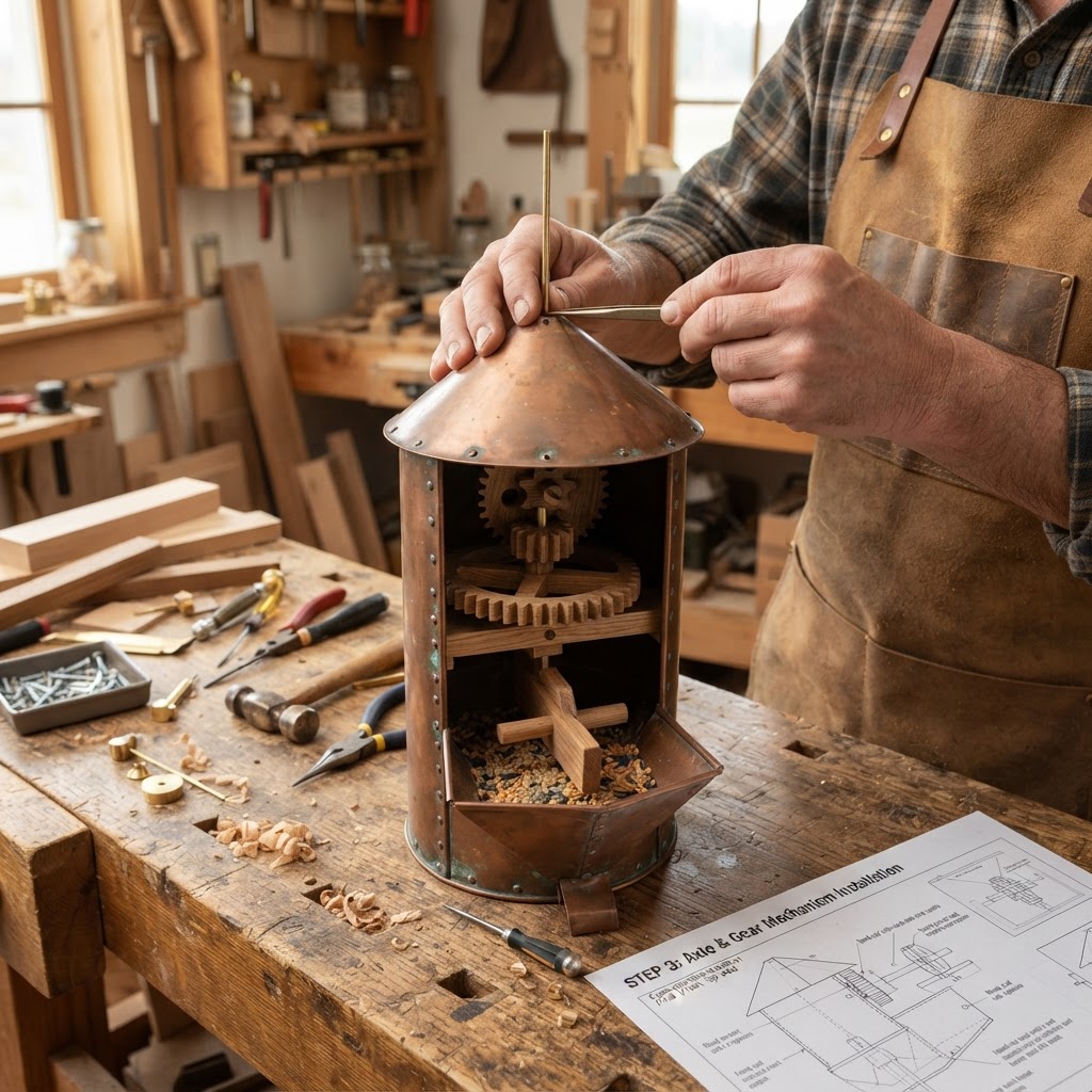 Vintage Patinated Copper Kinetic Windmill Seed Mill — step 3