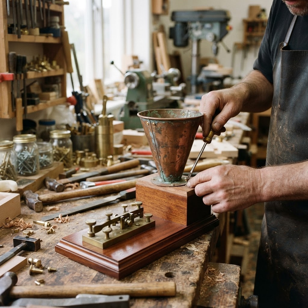 Vintage Patinated Copper Victorian Telegraphic Key Seed Dispenser — step 2