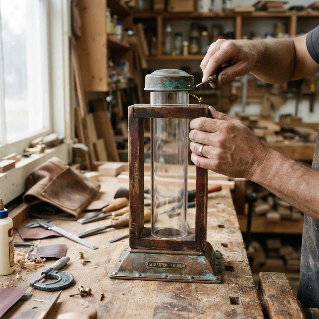 Vintage Patinated Copper Barometer Seed Station — step 1