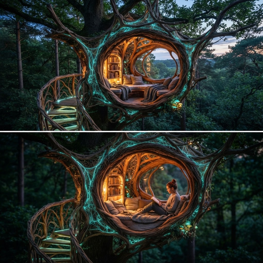 Bespoke Treetop Dendritic Mycelium-Infused Phyto-Luminous Sap-Flow Canopy Bioluminescent Reading Nook