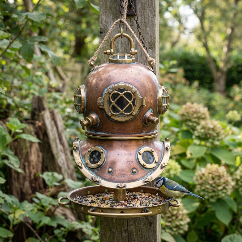 Vintage Patinated Copper Diving Suit Helmet Bird Feeder