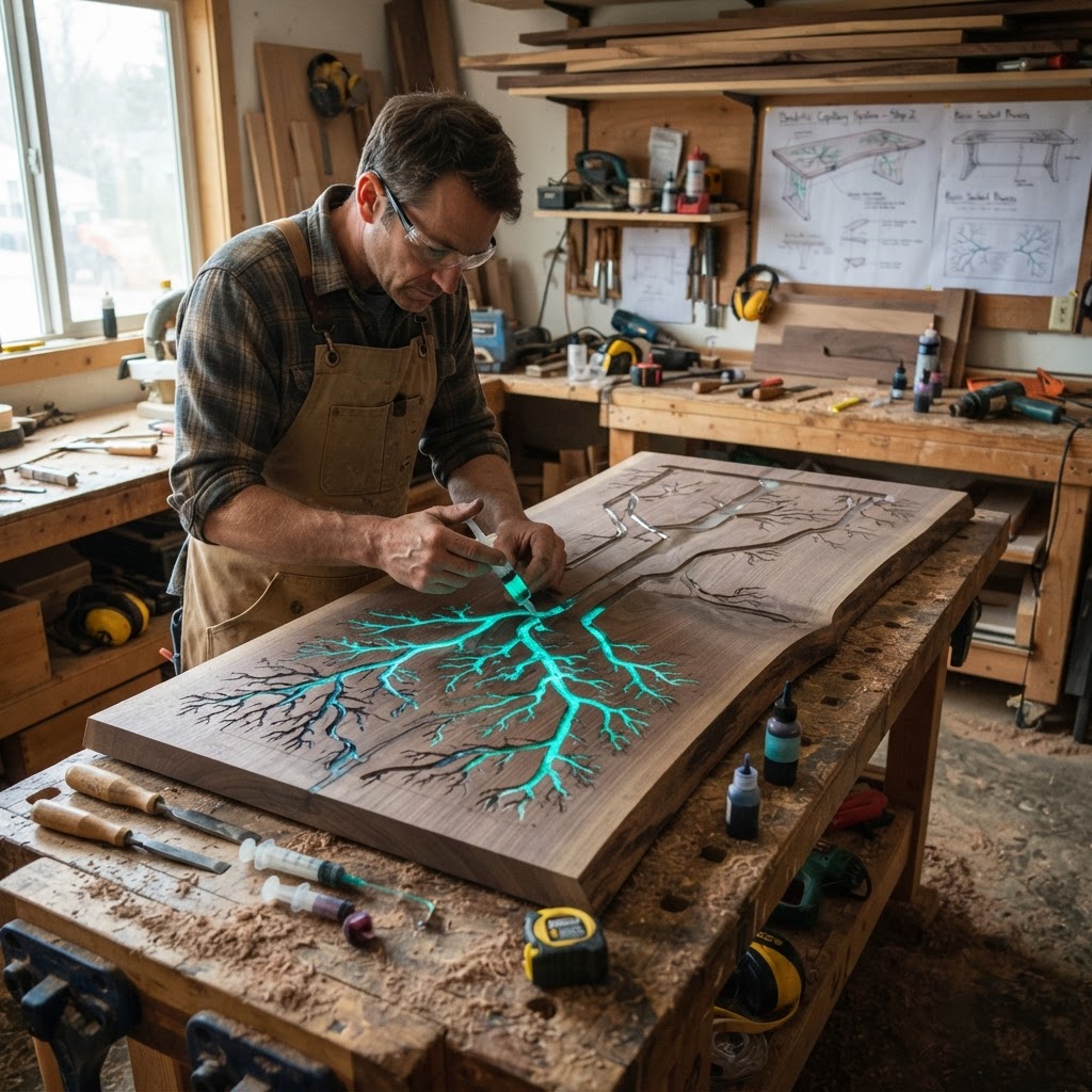 Bespoke Treetop Dendritic Mycelium-Infused Phyto-Kinetic Sap-Flow Canopy Storm-Tracking Writing Desk — step 2