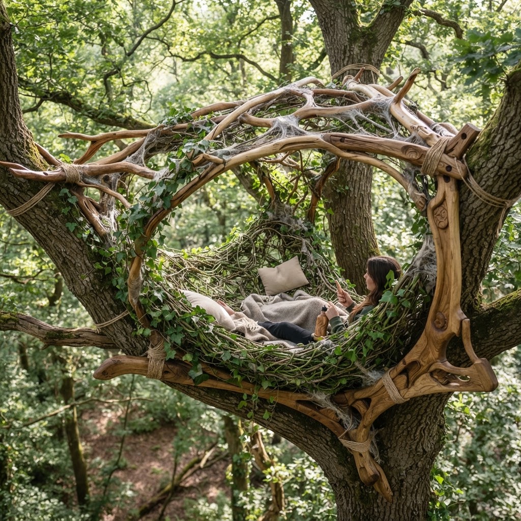Bespoke Treetop Dendritic Mycelium-Infused Phyto-Syntonic Canopy Hammock-Loom