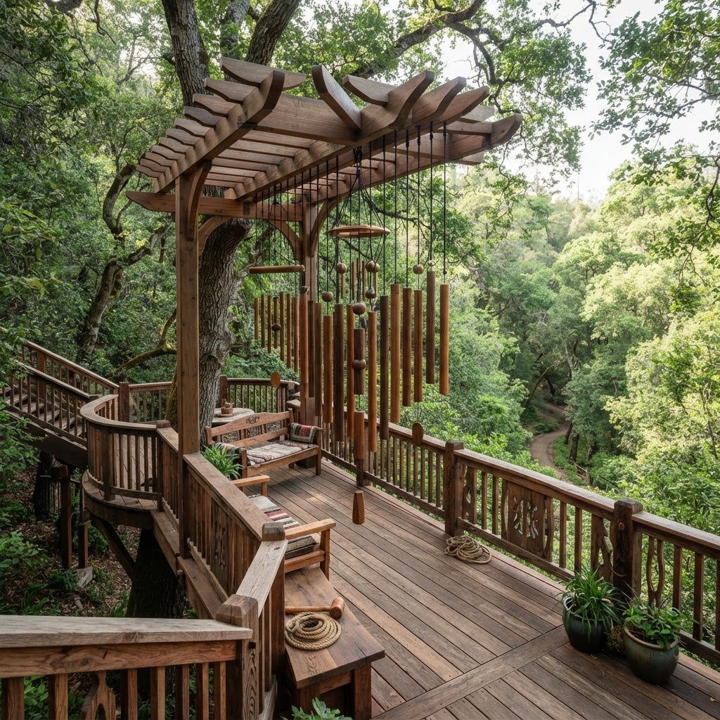 Bespoke Treetop Eolian Kinetic Wind-Chime Sculpture Deck
