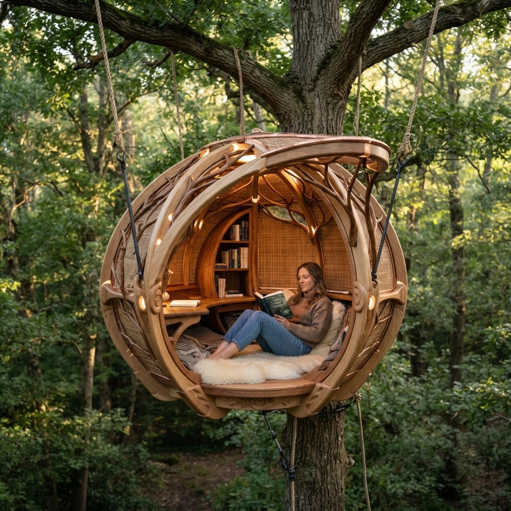 Bespoke Treetop Dendritic Mycelium-Infused Phyto-Baric Sap-Flow Canopy Bioluminescent Reading Nook