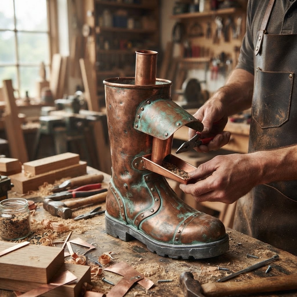 Vintage Patinated Copper Diving Suit Weighted Boot Seed Perch — step 3