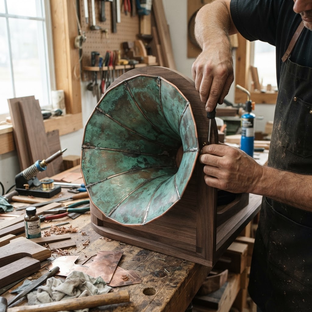 Vintage Patinated Copper Phonograph Horn Seed Projector — step 2