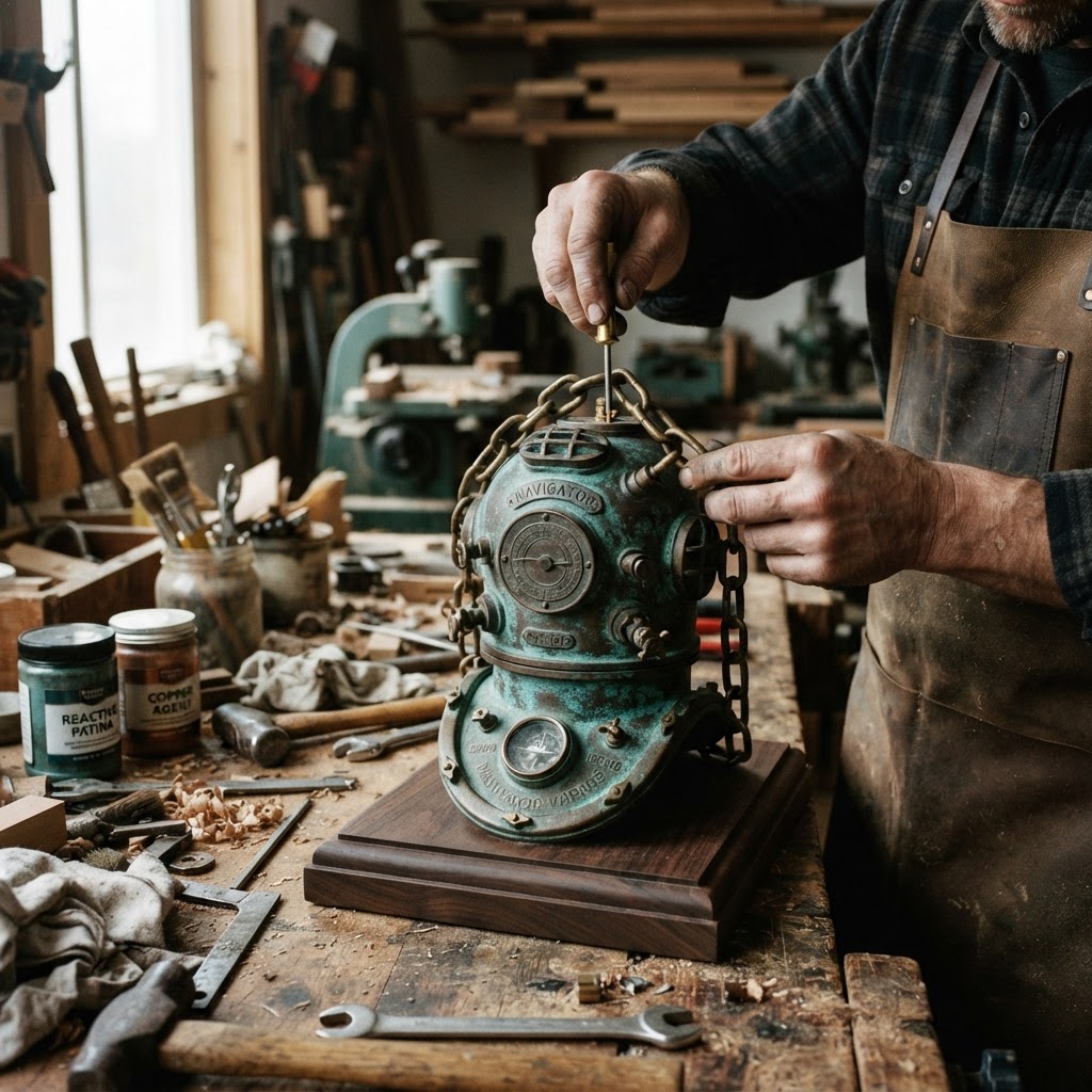 Vintage Patinated Copper Diving Suit Weighted Diver Compass Seed Navigator — step 4