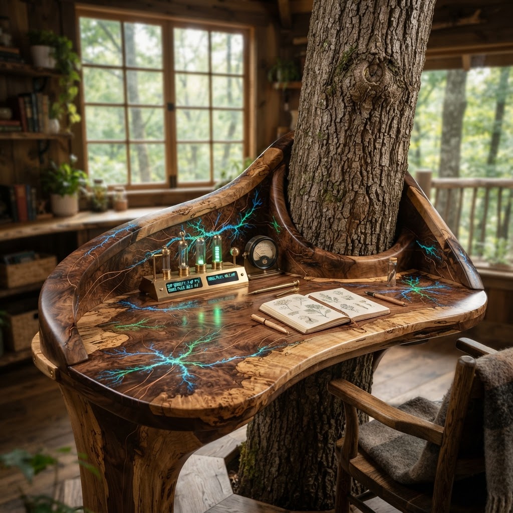 Bespoke Treetop Dendritic Mycelium-Infused Phyto-Ionic Sap-Density Observatory Desk