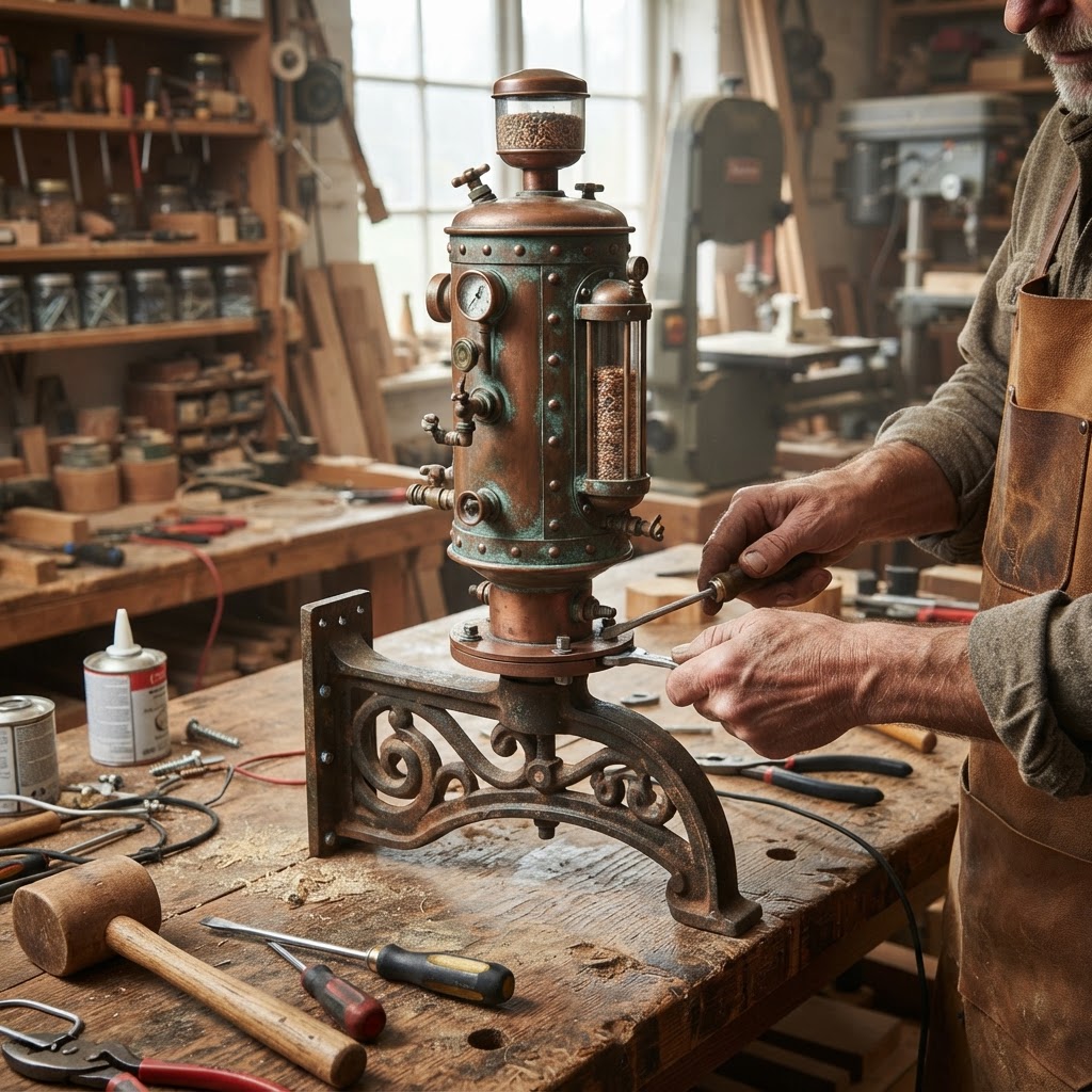 Vintage Patinated Copper Victorian Steam Engine Piston Seed Feeder — step 4