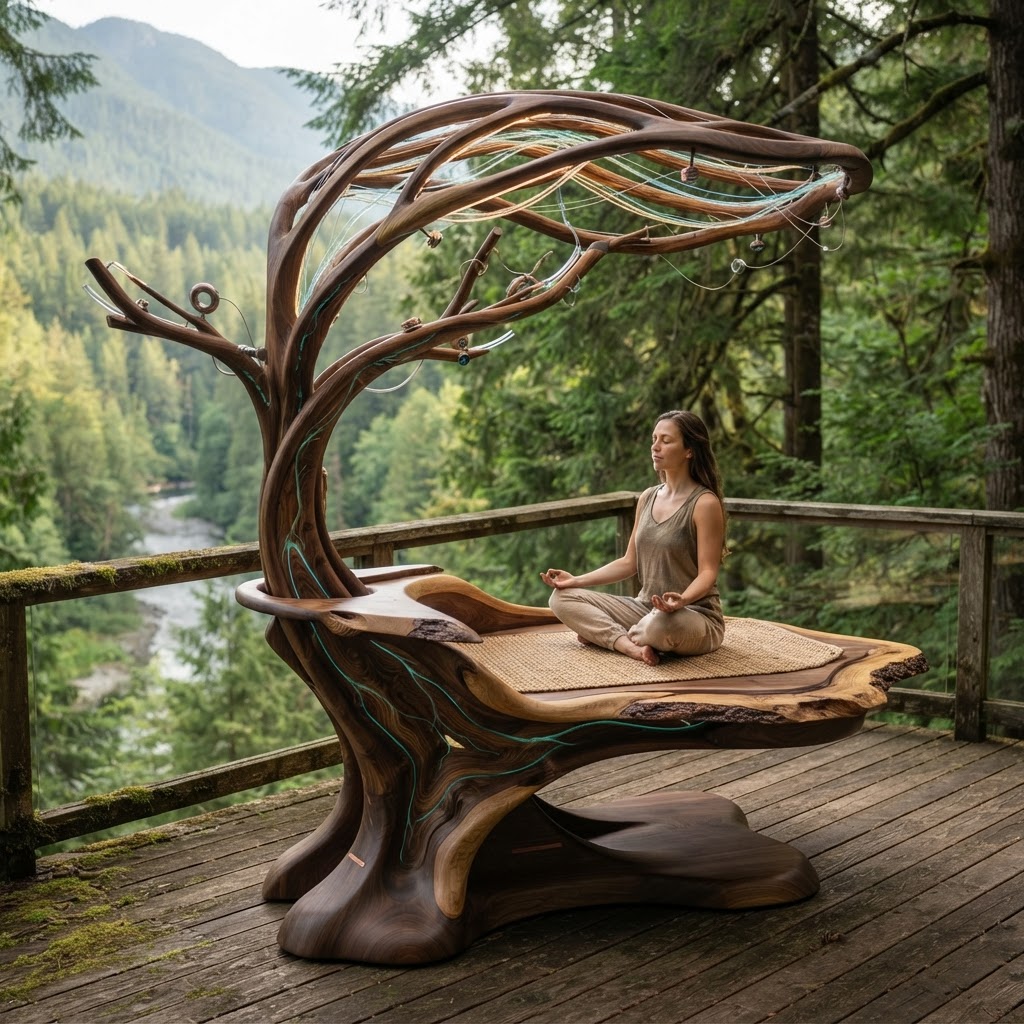 Bespoke Treetop Dendritic Mycelium-Infused Phyto-Magnetic Sap-Flow Canopy Gravity-Mapping Meditation Plinth