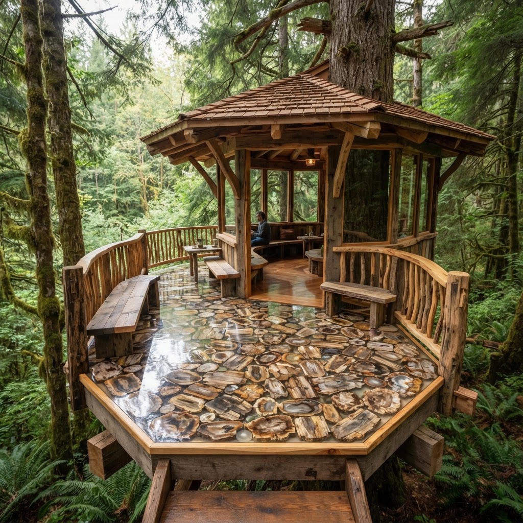 Bespoke Petrified-Wood Mosaic Treetop Sanctuary