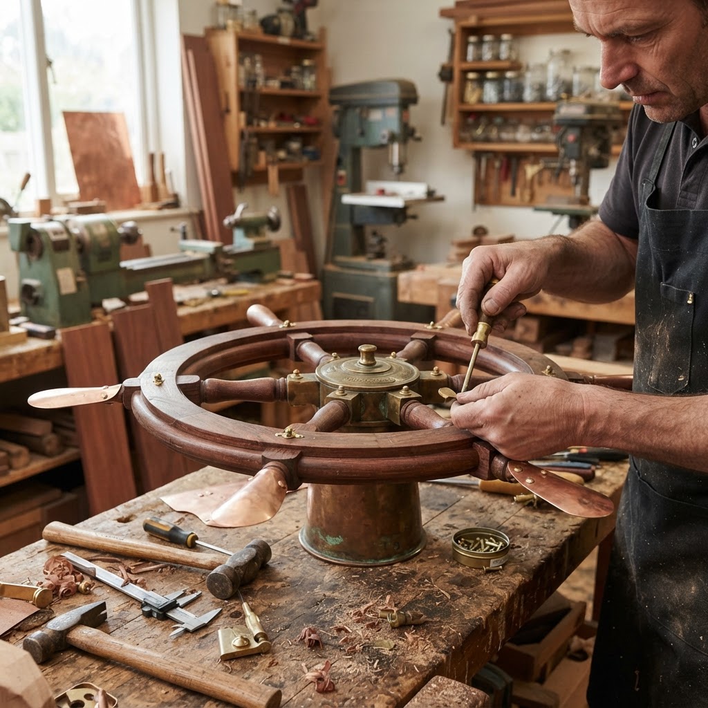 Vintage Patinated Copper Ship's Wheel Seed Spreader — step 2