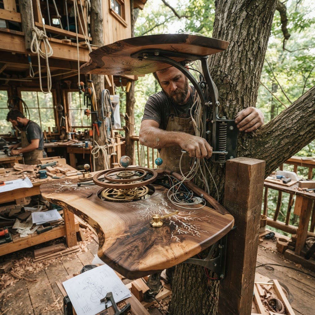 Bespoke Treetop Dendritic Mycelium-Infused Phyto-Refractive Sap-Flow Canopy Zephyr-Orrery Writing Desk — step 4