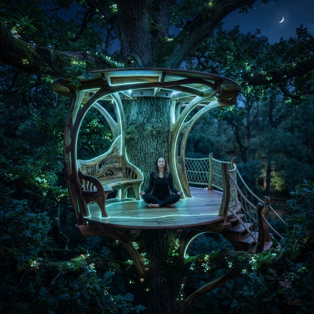 Bespoke Treetop Dendritic Mycelium-Infused Phyto-Luminescent Sap-Flow Canopy Zenith-Oriented Meditation Plinth