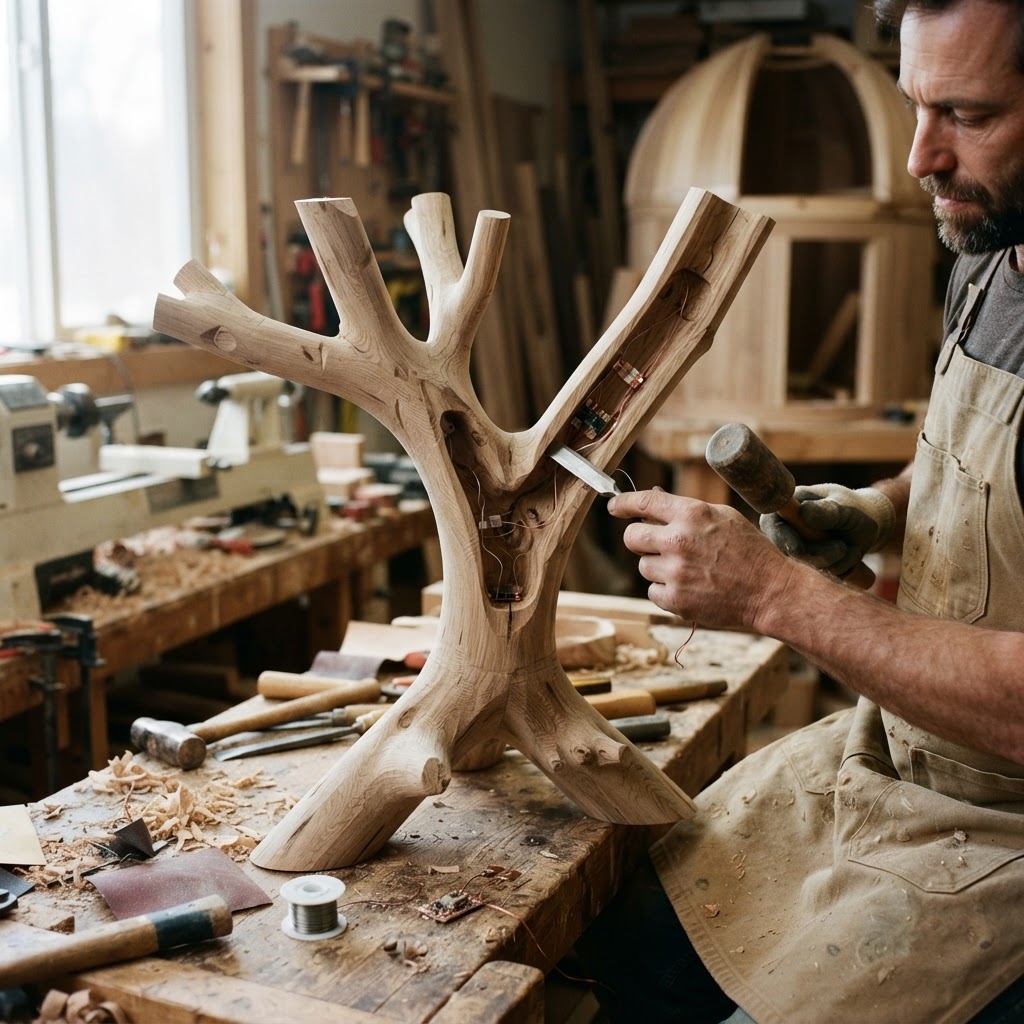 Bespoke Treetop Dendritic Mycelium-Infused Phyto-Reflective Sap-Flow Canopy Zenith-Tracking Observatory Stool — step 1