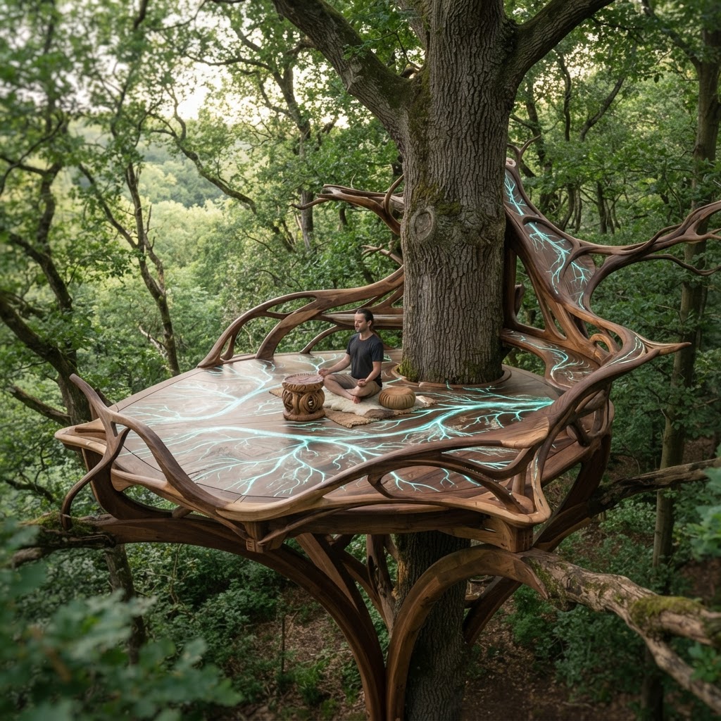 Bespoke Treetop Dendritic Mycelium-Infused Phyto-Luminescent Sap-Flow Canopy Radiance-Mapping Meditation Plinth