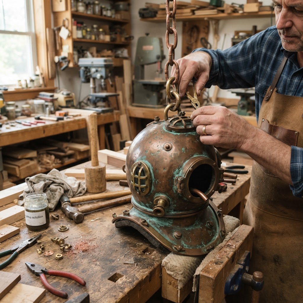 Vintage Patinated Copper Victorian Diving Helmet Seed Resonator — step 4