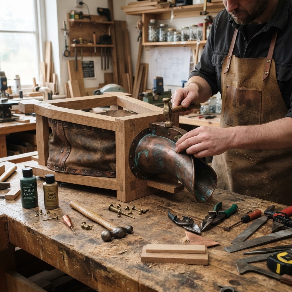 Vintage Patinated Copper Diving Suit Air Pump Seed Bellows — step 2