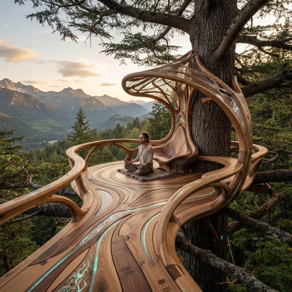 Bespoke Treetop Dendritic Mycelium-Infused Phyto-Kinetic Sap-Flow Canopy Zephyr-Tracing Meditation Plinth