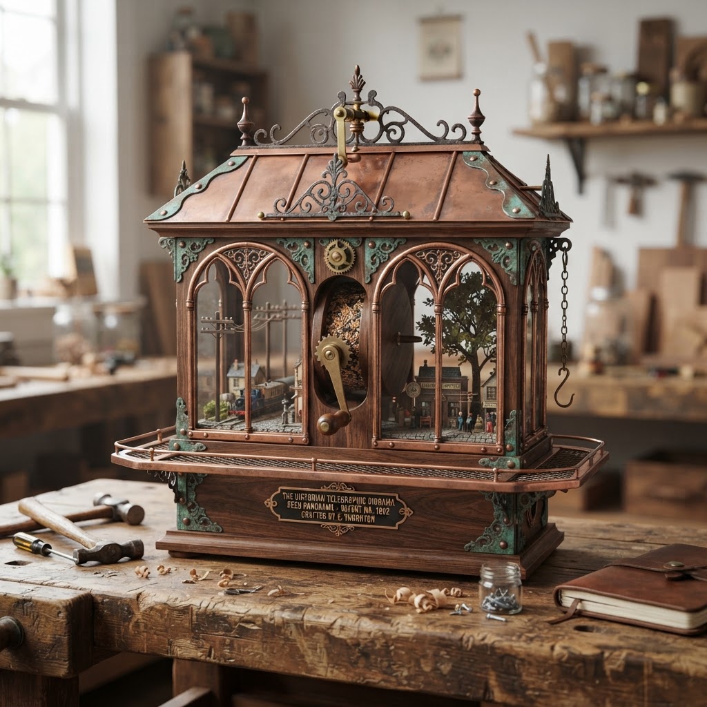 Vintage Patinated Copper Victorian Telegraphic Diorama Seed Panorama