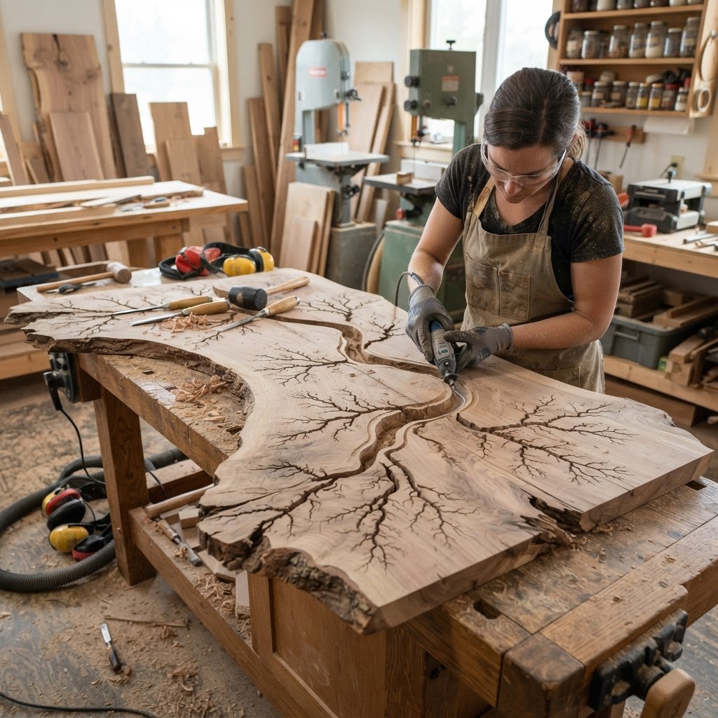 Bespoke Treetop Dendritic Mycelium-Infused Phyto-Refractive Sap-Flow Canopy Sun-Dial Writing Desk — step 1