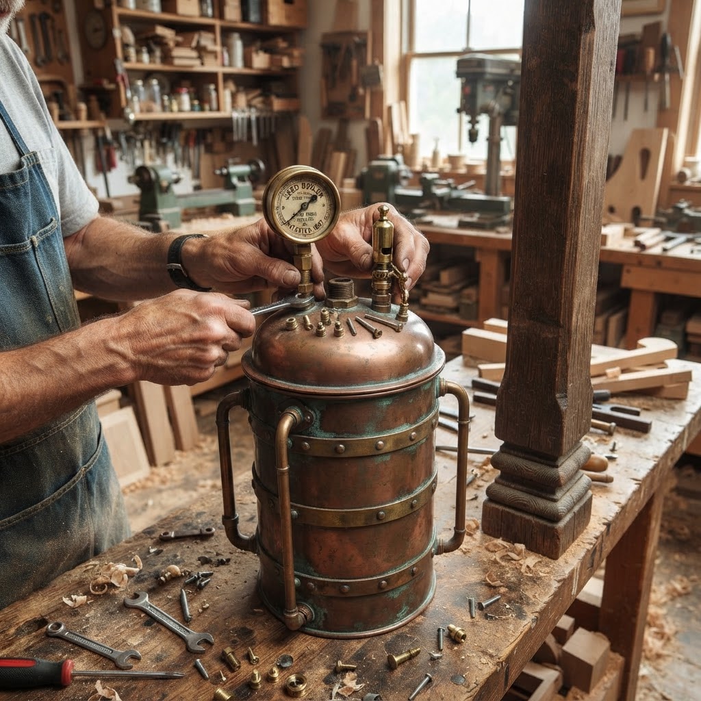 Vintage Patinated Copper Victorian Steam Engine Seed Boiler — step 4
