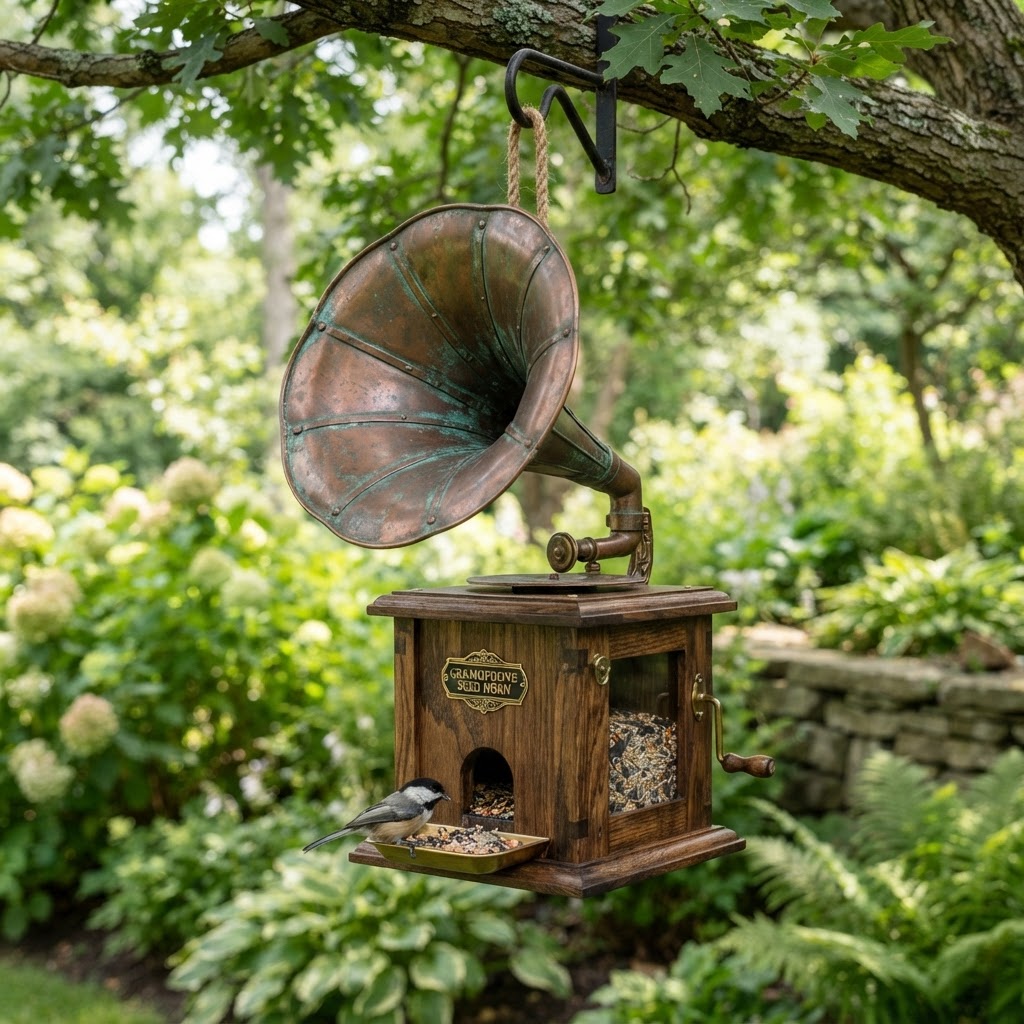 Vintage Patinated Copper Gramophone Seed Horn